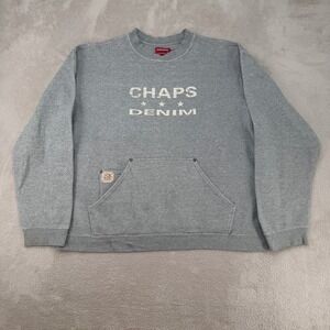 Vintage 90s Chaps Denim Sweatshirt Mens XL Gray Pullover Graphic Spellout Pocket